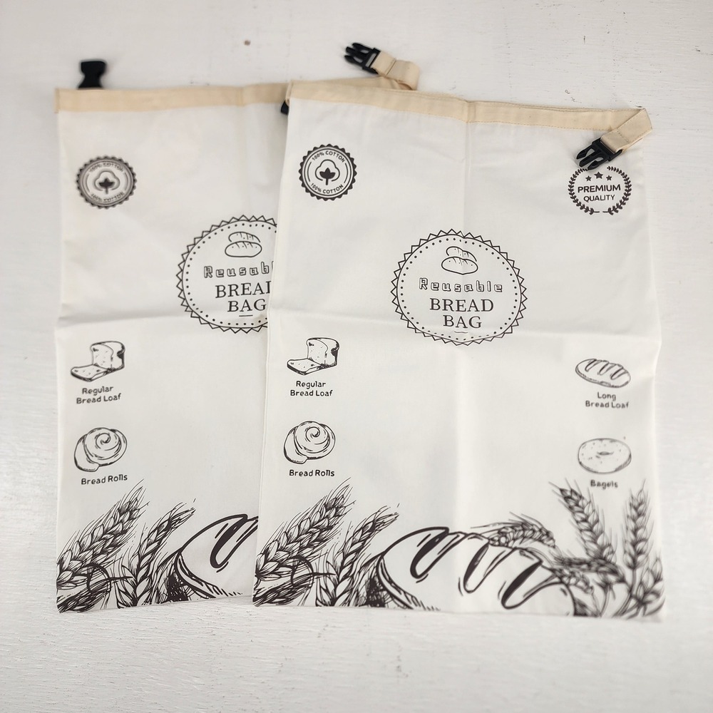 2 Pack Reusable Cotton Bread Bag Set Eco Friendly Kitchen Storage‎ White